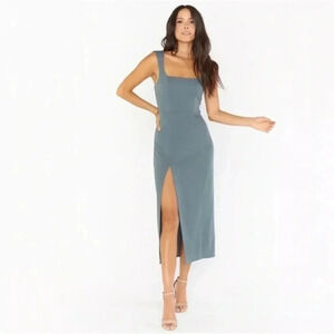 NWT Show Me Your MuMu Eden Midi Dress in Dusty Sage Blue Stretch